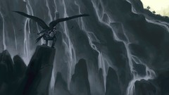 Landscapes water dark Japan wings feathers waterfalls rocks 