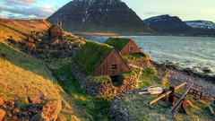 Landscapes water hills rocks houses iceland sea shorelines 