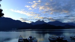 Landscapes water Mountains clouds ships Boats dock lakes piers 