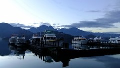 Landscapes water Mountains clouds ships Boats dock lakes piers 
