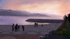 Landscapes water Mountains ocean Anime chip anime girls scenic