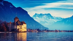 Landscapes water Mountains switzerland houses cities