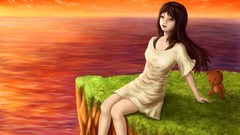 Landscapes water ocean Anime anime girls brown eyes brunettes 