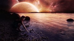 Landscapes water ocean woman scene planets redheads outer space 
