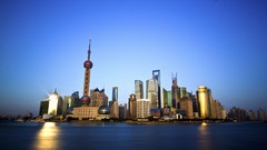 Landscapes water sun China Shanghai down buildings cityscapes