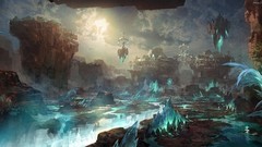 Landscapes waterfalls rocks artwork digital art fantasy art