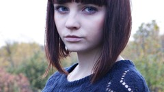 Landscapes woman blue eyes brunettes short hair bangs pale skin 