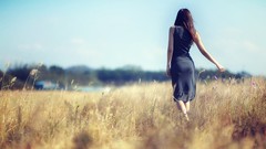 Landscapes woman dress lonely fields brunettes soft shading