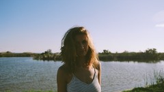 Landscapes woman lakes smiling brunettes