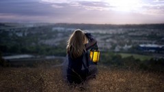Landscapes woman sitting lanterns