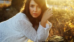 Landscapes woman sunlight green eyes brunettes teen sweaters