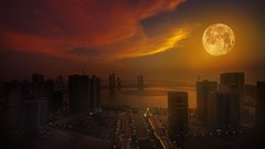 Landscapes yellow clouds red moon bay Skyscrapers evening 