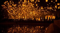 lantern reflection sky lanterns silhouette water asian lights