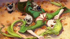 Leaves Animals cats red eyes anime girls braids green hair 