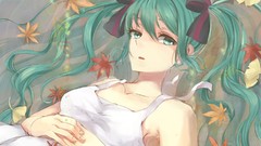 Leaves anime girls hatsune miku vocaloid twintails aqua hair 