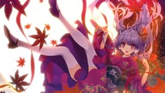 Leaves anime girls miko Japanese clothes Kuroya Shinobu