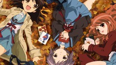 Leaves Anime smiling anime girls school uniforms nagato yuki 