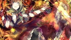 Leaves autumn Anime dress bow Ribbons anime girls blue eyes 