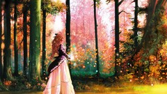 Leaves autumn Anime long hair forests artwork gowns