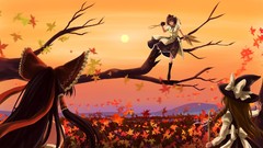 Leaves autumn Anime Photographers hats Cameras Ribbons anime 