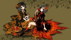 Leaves autumn apples dress grapes hats red eyes sitting red 