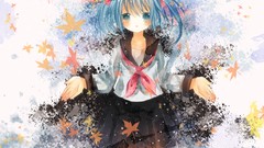 Leaves autumn blue hair school uniforms hatsune miku vocaloid 