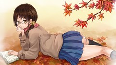 Leaves autumn Books ass glasses skirts anime girls school 