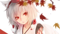 Leaves autumn close-up hats white hair red eyes faces anime 