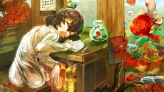 Leaves autumn fish sleeping brown anime girls short hair