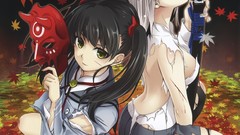 Leaves autumn weapons blood white hair masks skirts anime girls 