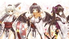 Leaves autumn weapons Katana hats shield white hair red eyes 