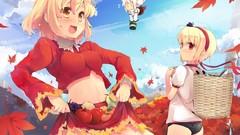 Leaves autumn white hair red eyes fruits blondes skirts short 