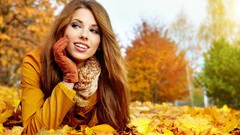 Leaves autumn woman brunettes