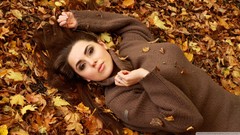 Leaves autumn woman Jumper outdoors long hair brown eyes 