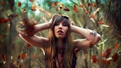 Leaves autumn woman long hair