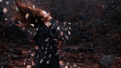 Leaves autumn woman long hair forests windy