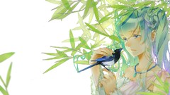Leaves Birds long hair hatsune miku vocaloid green hair 