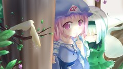 Leaves Birds sleeping hats white hair pink hair pink eyes anime 