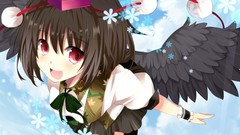 Leaves blue clouds wings artist red eyes anime girls touhou 