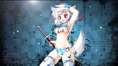 Leaves blue weapons Katana navel white hair maple-leaf red eyes 