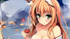 Leaves blush long hair anime girls green eyes animal ears 