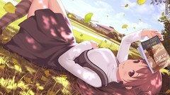 Leaves Books brown eyes brunettes short hair laying down