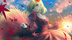 Leaves clouds autumn dress red dress earrings blondes sunlight 
