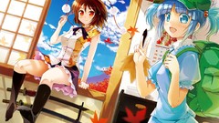 Leaves clouds autumn weapons windows Katana dress hats red eyes 