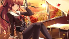 Leaves clouds Ribbons long hair anime girls pantyhose seifuku 