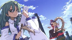 Leaves clouds snakes logs hats goddess staff red eyes sitting 