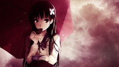 Leaves clouds Umbrellas red eyes sitting schoolgirls bows long 