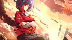 Leaves clouds wind autumn logs goddess red eyes sitting Ropes 