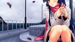 Leaves clouds wind day scarfs anime girls brunettes windy
