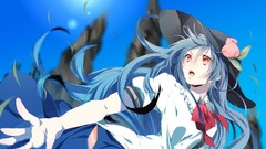 Leaves dress hats peaches red eyes rocks fruits bows blue hair 